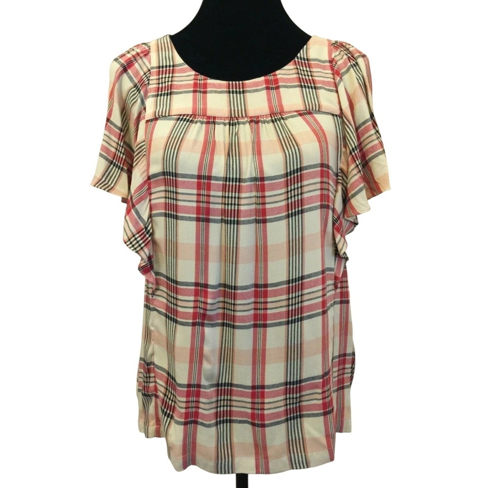 Anthropologie Maeve Womens Smock Blouse Size XS Beige Red Plaid Flutter Sleeve‎